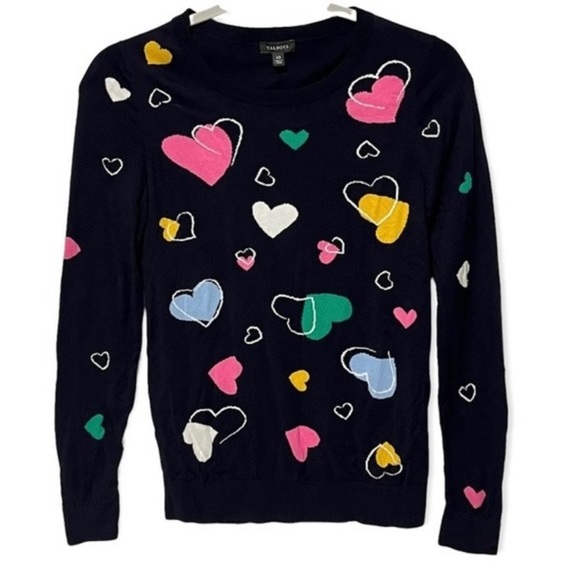 Talbots Navy Crewneck Pullover Tossed Hearts Long Sleeve Size XS - Picture 2 of 7
